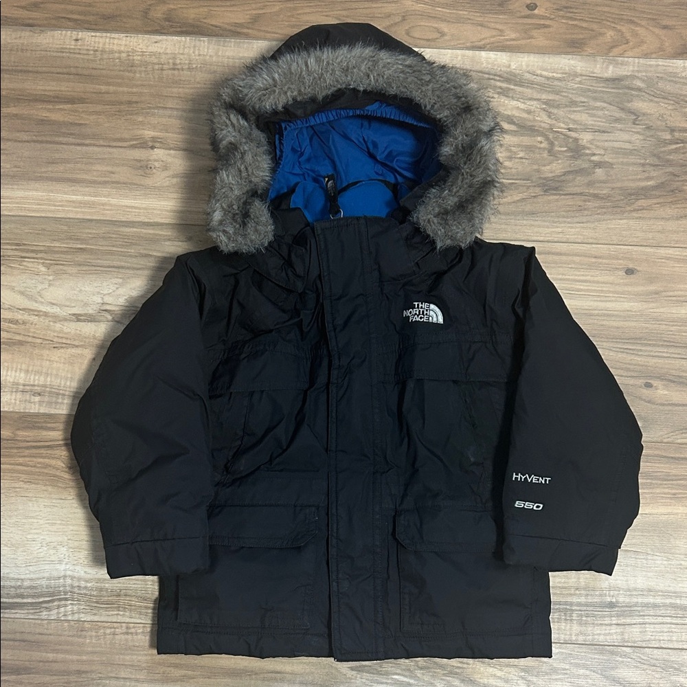 The North Face Black Jacket with Blue Lining and Fur Hood